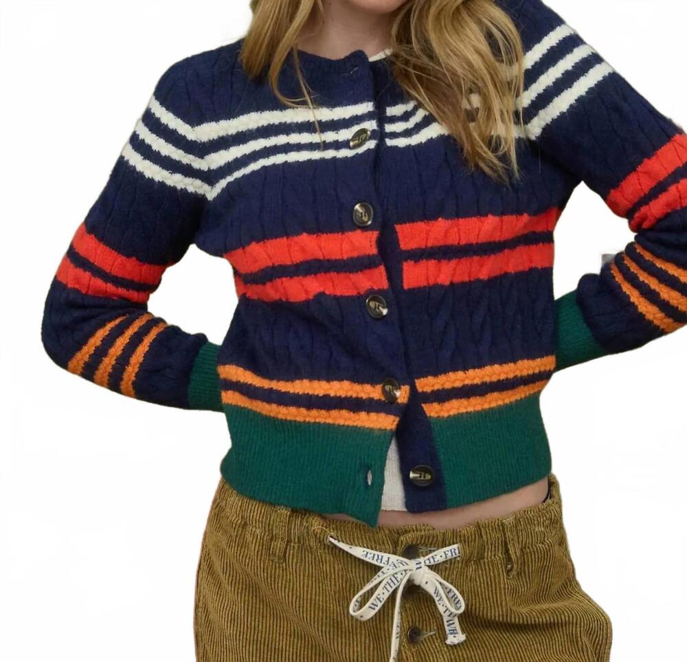 NEW BLU PEPPER stripe cable knit button down cardigan in navy multi